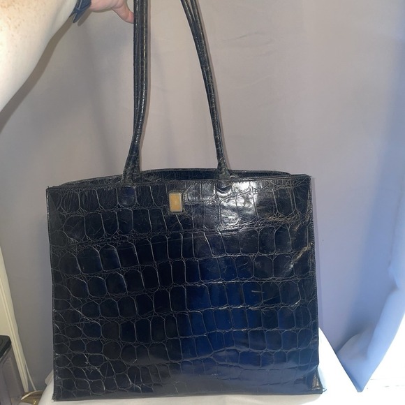 FURLA Vintage Black Tote Shoulder Bag Purse Crocodile Embossed Structured Square - Picture 1 of 13